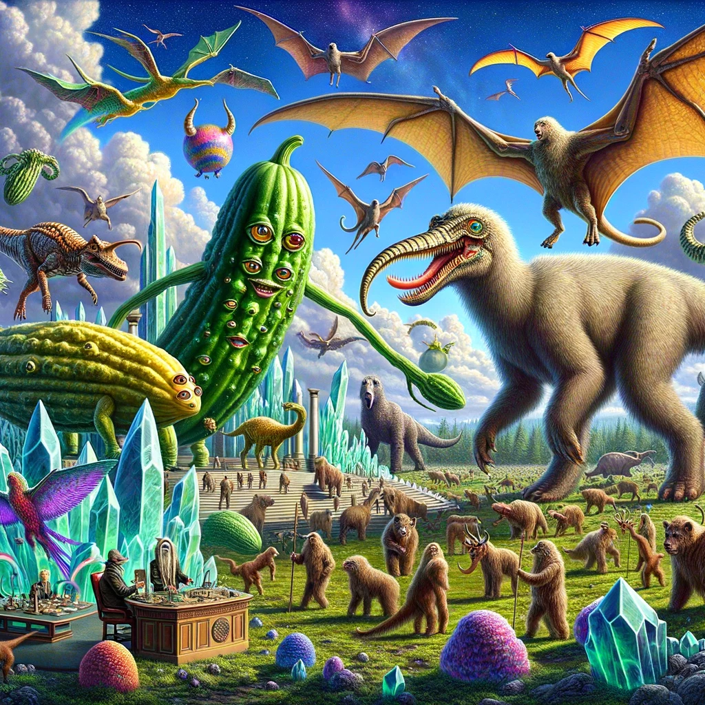 DALL·E 2023-12-23 18.25.30 - In this even more surreal and fantastical world, the landscape is now shared with prehistoric beasts. Massive dinosaurs roam among the evolved cucumbe